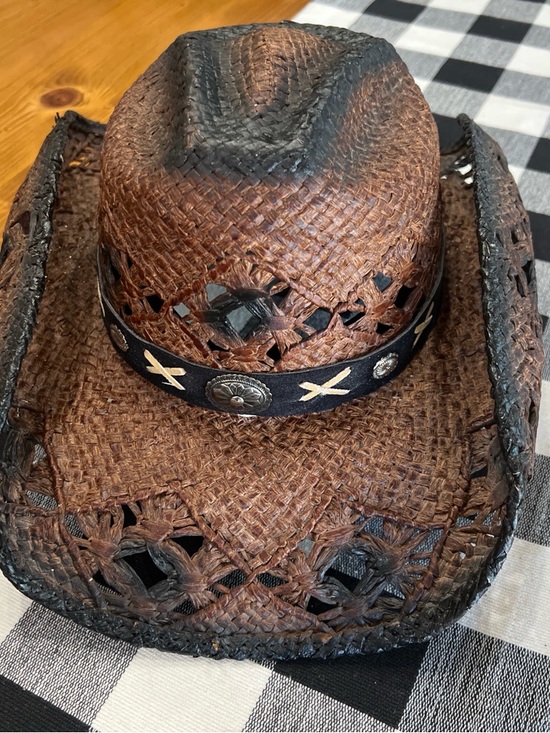 Accessories - Distressed Brown Straw Cowgirl Hat Western Boho Burned Detail